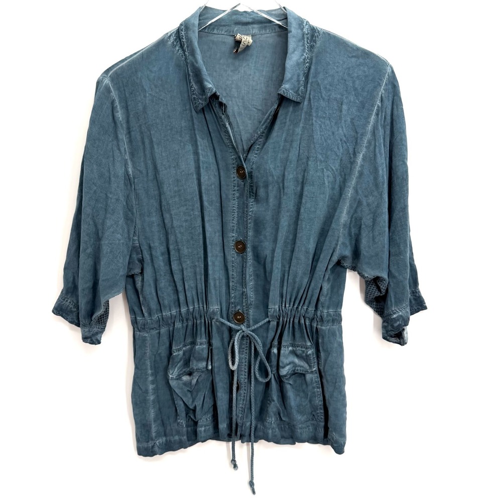 XCVI Lightweight Button Up Jacket Size S Pockets 3/4 Sleeve Blue Cinch Waist